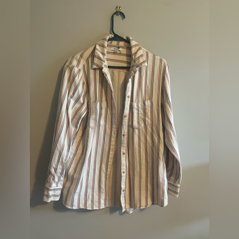 Madewell Cream Striped Button-Up Flannel Shirt Size Medium
